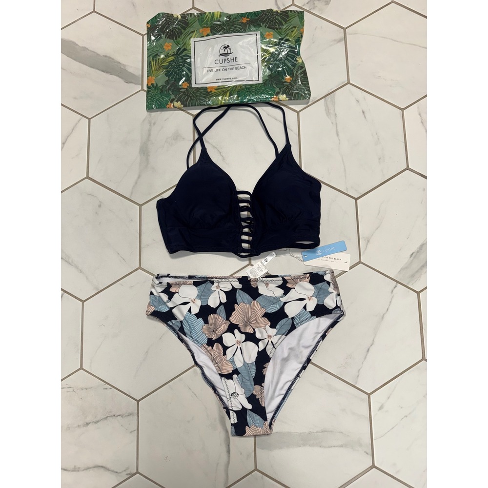 Cupshe Navy Blue Cage Front Bikini Set Floral High Waisted Bottoms NWT Large
